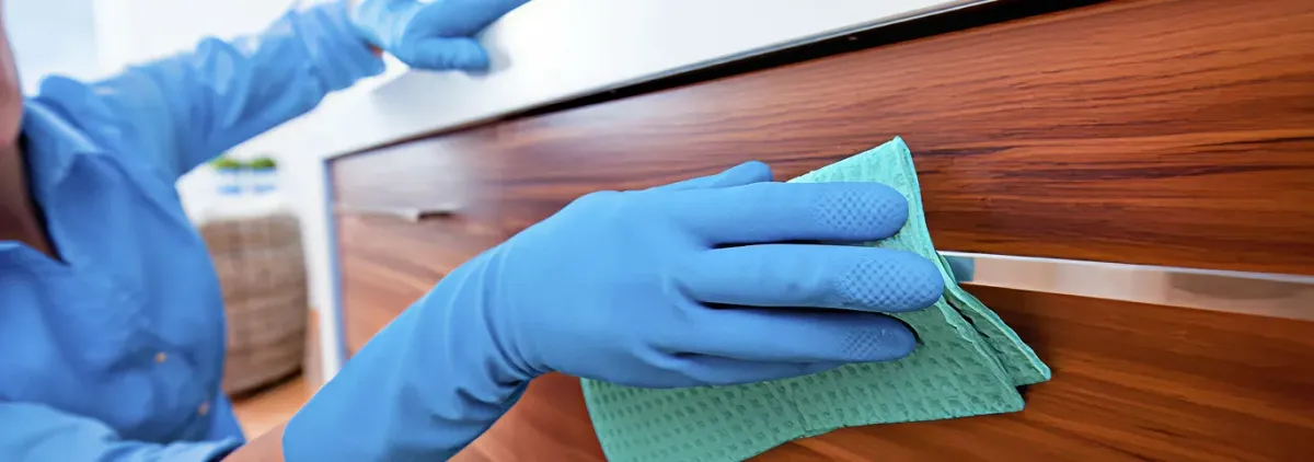 Cleaner wearing blue gloves wiping a wooden cabinet drawer with a microfiber cloth for dust and grime removal, Aurora, CO.